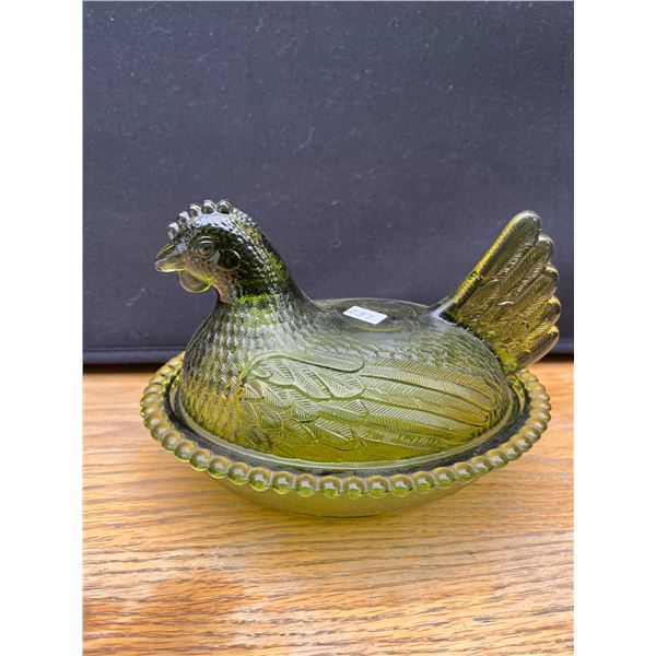 Vintage green glass hen on a nest