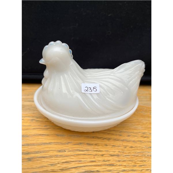 Mini milk glass hen on a nest