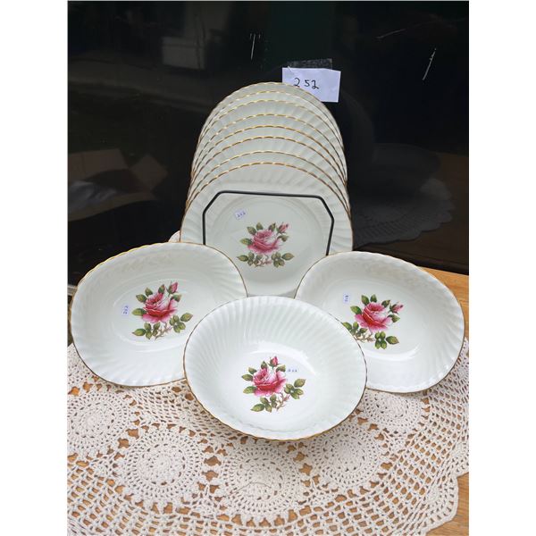 Northumbria fine bone China plates and serving bowls- made in England- Carleton rose