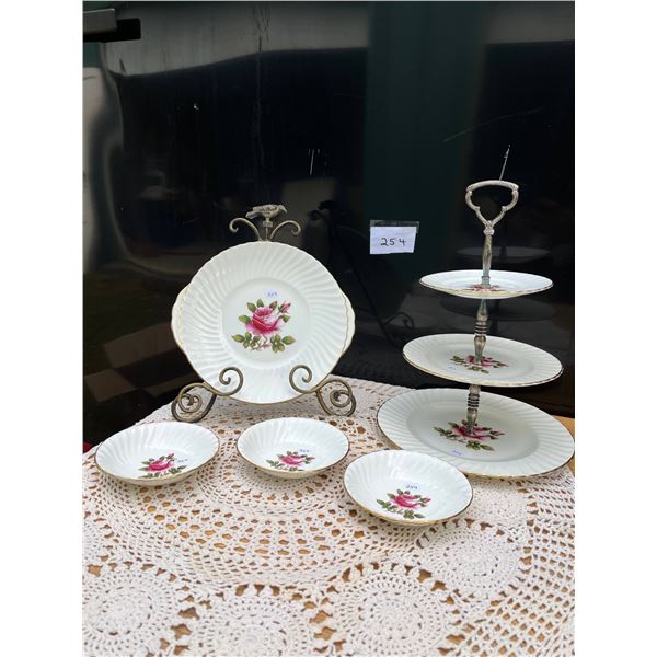 Northumbria fine bone China cake plate and 3 tier server- made in England- Carleton rose