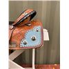 Image 2 : Barrel racing saddle- embossed leather with turquoise blue accents and silver Lonestar medallions