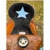 Image 5 : Barrel racing saddle- embossed leather with turquoise blue accents and silver Lonestar medallions