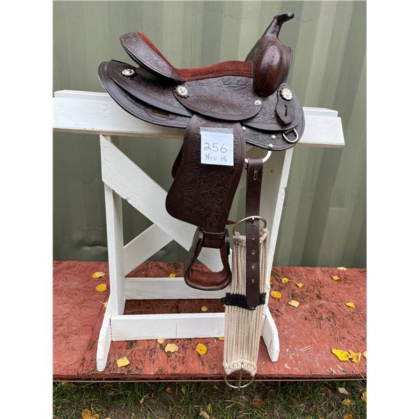 Pony saddle with cinch- dark brown with burgundy suede seat