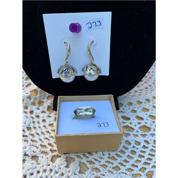 Ring and faux pearl earrings