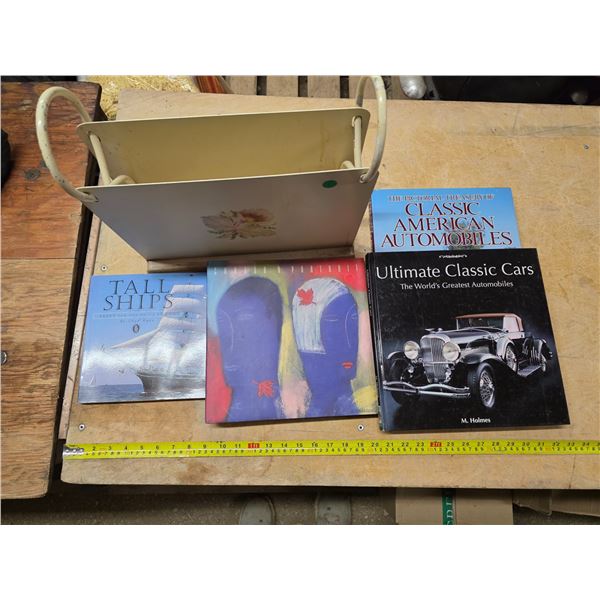 Magazine rack and books