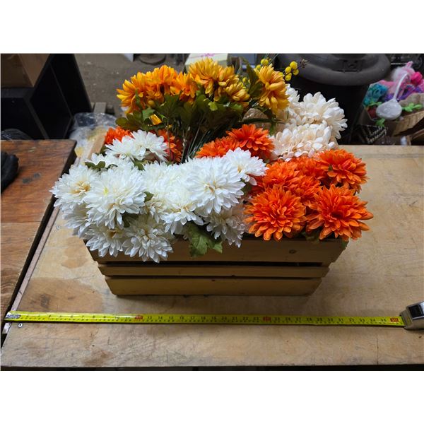 Wood crate of fake flowers