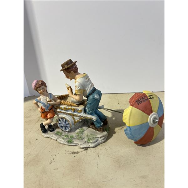 Man and Girl with Ice cream cart w/ umbrella 8" x 11" Tall ceramic