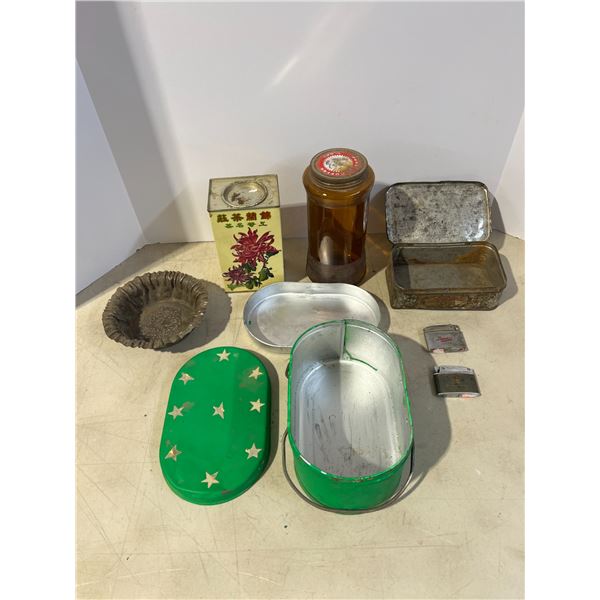 (2) lighters, Coffee Jar, Tobacco Tin, Metal Lunch Kit, Ash tray, Misc.
