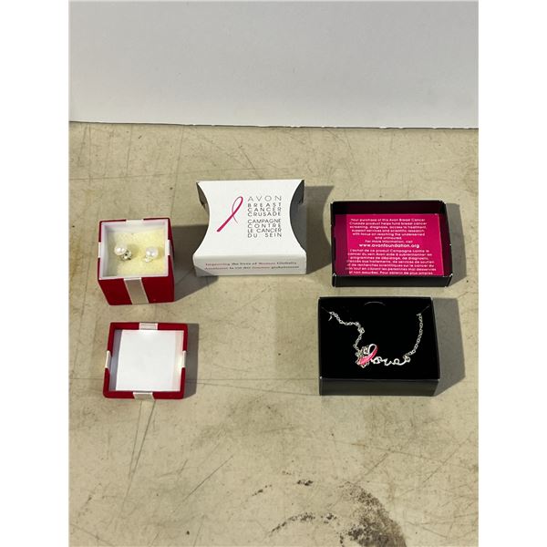 Love ribbon breast cancer awareness, pearl earrings set both in box