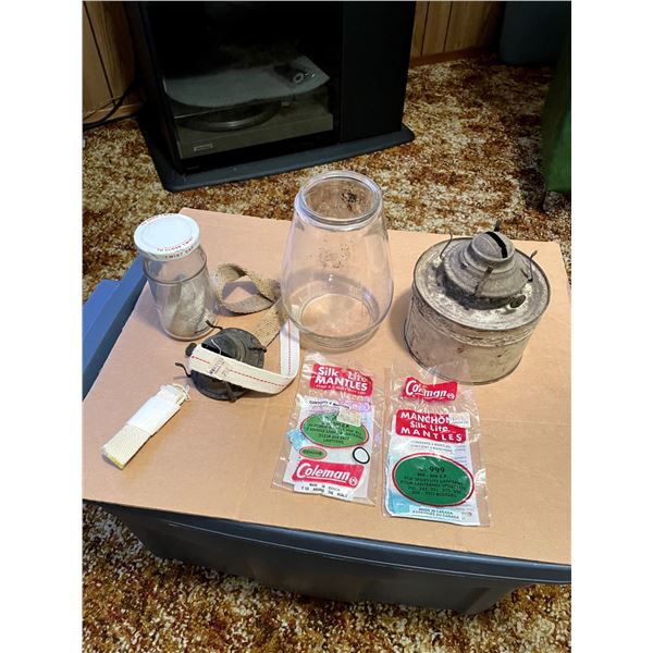 Lot of Lantern Items. (2) Coleman Mantles, (4) Wicks, Metal Base, Lamp Bulb, Wick Base.