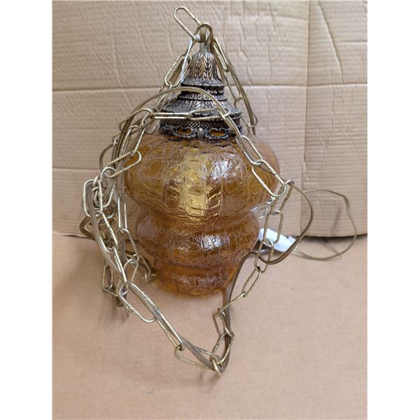 amber MCM crackle glass swag lamp - works, new switch