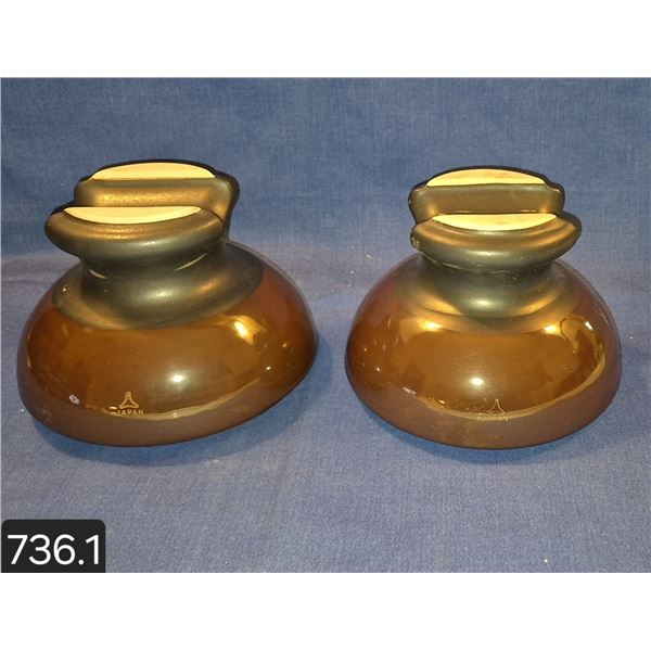 Set of 2 large brown pottery insulators, 7 inches across, 5 inches tall