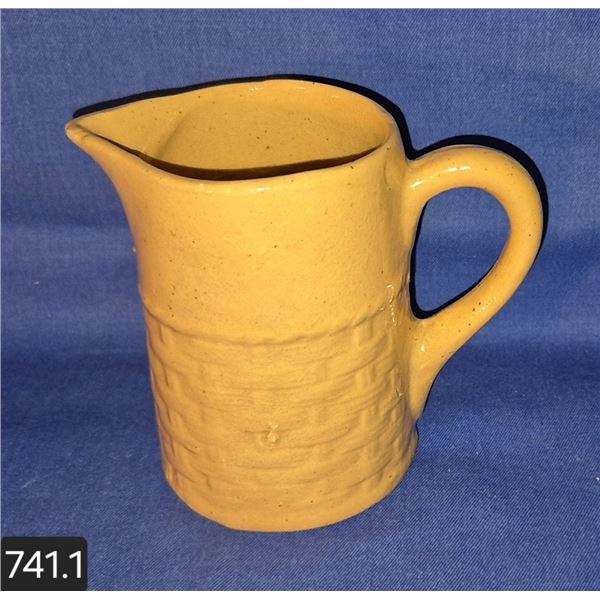 Medalta basketweave pitcher, 5 inches, shallow chip on spout