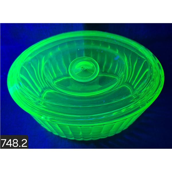 Uranium glass, large heavy covered green oval dresser box, glows! Has a couple small chips on the in