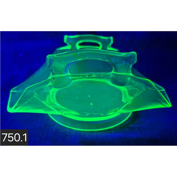 Uranium glass handled candy dish, no damage, 5 x 7 1/2 inches, glows!