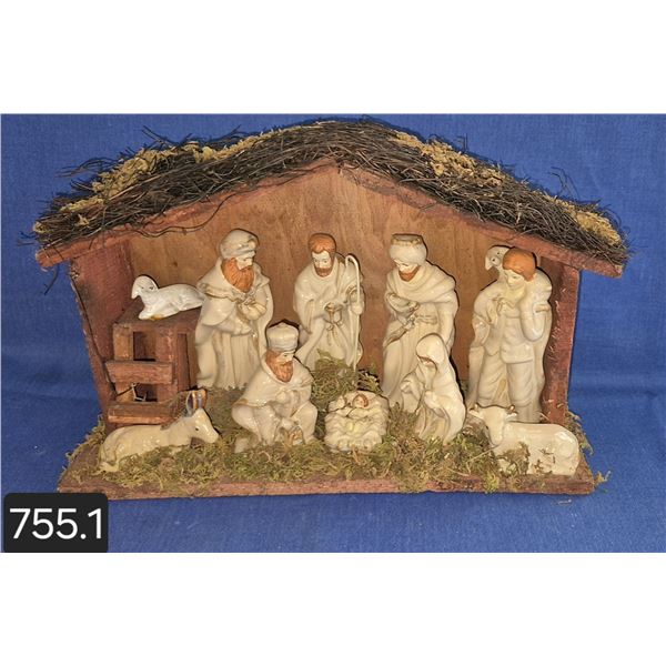 Vintage 1960s Porcelain and wood nativity Christmas display 7 1/2 x 12 inches