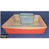 Image 1 : 2 Pcs. Pyrex, pink square dish (some small scratches), small blue delphite refrigerator dish(no dama