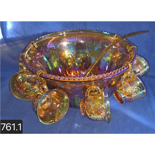 Large marigold Indiana glass Harvest Grape pattern punch bowl set with cups, no damage