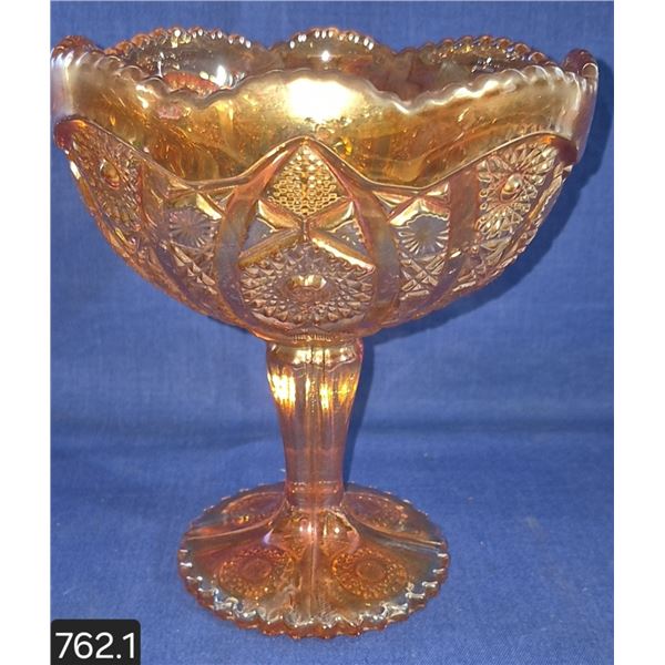 Footed carnival glass compote, heavy, 7 3/4 inches tall, no damage