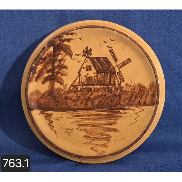 Early Medalta Pottery windmill hand decorated trivet, couple small nics on the back
