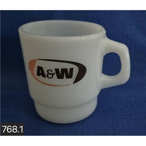 RARE A & W Fire-King milk glass stacking mug, excellent condition, bit of fading on decoration, no c