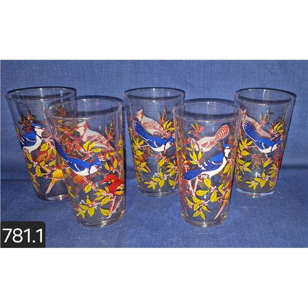 Set of 5 1960s MCM swanky swig drinking glasses, Blue Bird decoration