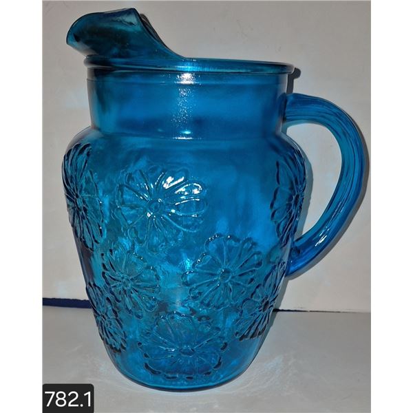 MCM electric blue water pitcher, embossed 1960s style flowers, no chips or cracks