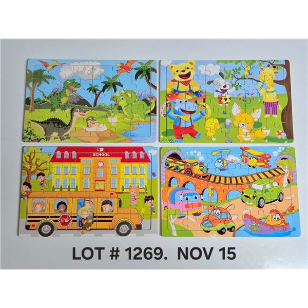 (4) Childrens Wood Puzzles each with Wood holding tray with picture guide