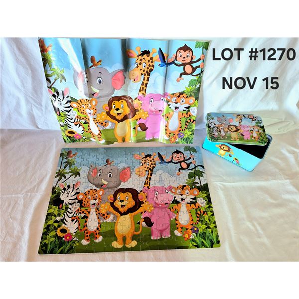 Childens Puzzle in Storage Tin with picture guide sheet.  Very thick pieces.