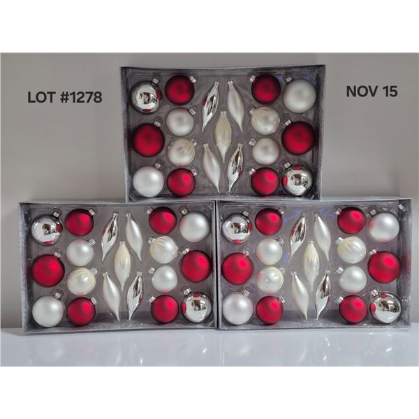 (3) Sets of Red, White Snowflake, Silver Christmas Ornaments.  New in Box.  Purchased New never used