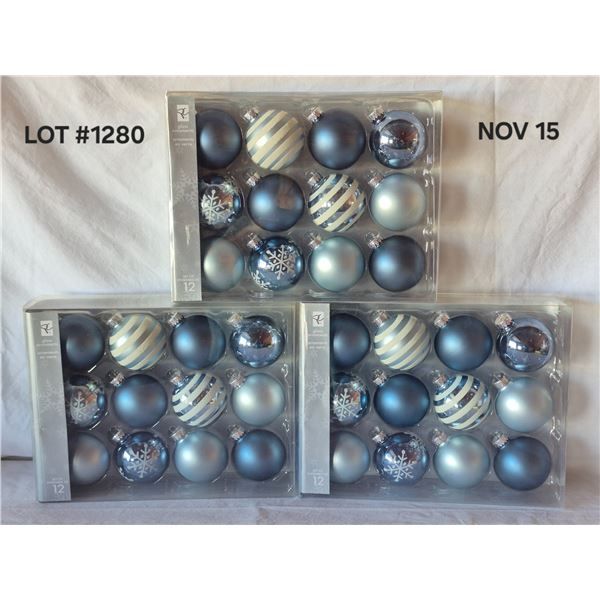 (3) Sets of Blue,Striped, Snowflake Christmas Ornaments  New in Box. Purchased New never used.