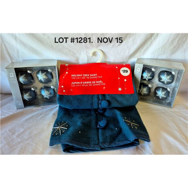 Holiday Christmas Tree Skirt and (2) boxes of Blue Snowflake Christmas Ornaments.  All items are new