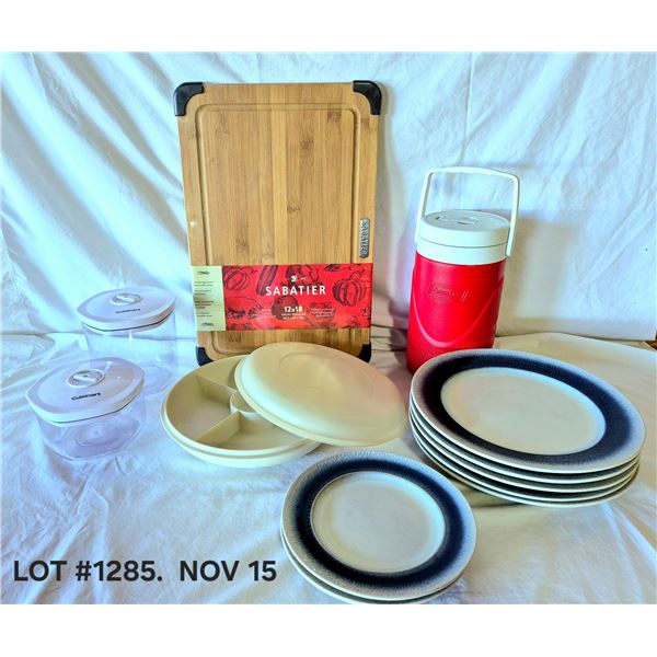 MISC LOT. Wood Cutting Board. New in Pkg. Tupperware. Dishes. Coleman Jug. (New)