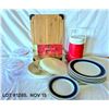 Image 1 : MISC LOT. Wood Cutting Board. New in Pkg. Tupperware. Dishes. Coleman Jug. (New)