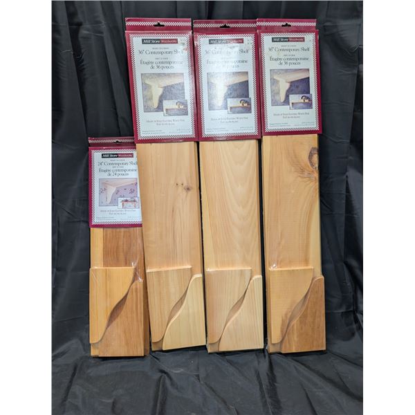 Set of Mill Store Wood Work Shelves (1) 24 x9 1/2 x 6 3/4  and (3) 36 x 9 1/2 x 6 3/4 