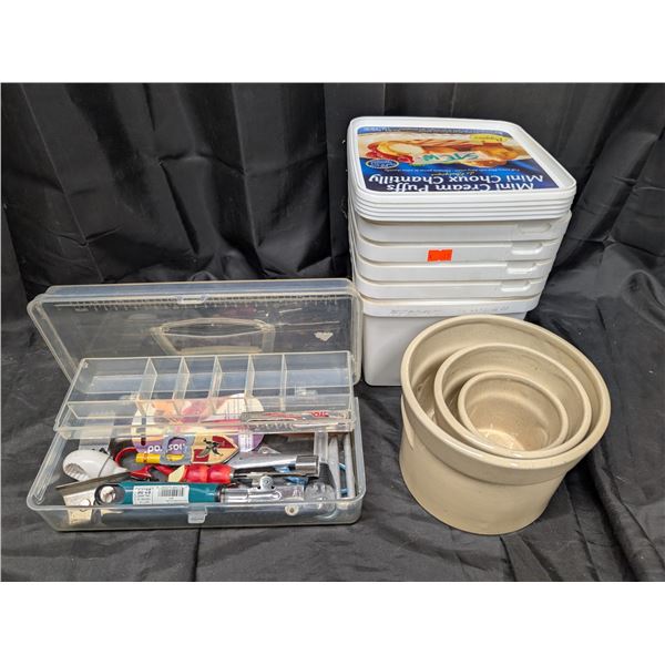 Stoneware Like Jug Holders, Misc. Items, and plastic Tubs