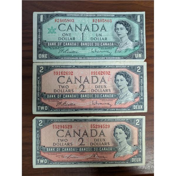 (3) Canadian Bills (1) 1967 1 Dollar Bill 2405803 (2) 1954 2 Dollar Bills 9162692 and 5294529
