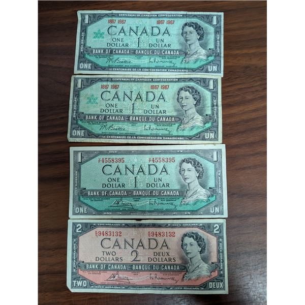 (4) Canadian Bills (2) 1867-1967 Bills (1) 1954 4558395 1 Dollar Bill (1) 1954 9483132 2 Dollar Bill