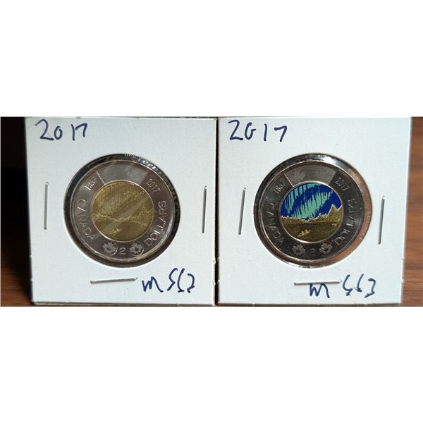 (2) 1867-2017 2 Canadian Dollar Coins, Northern Lights (1) Coloured