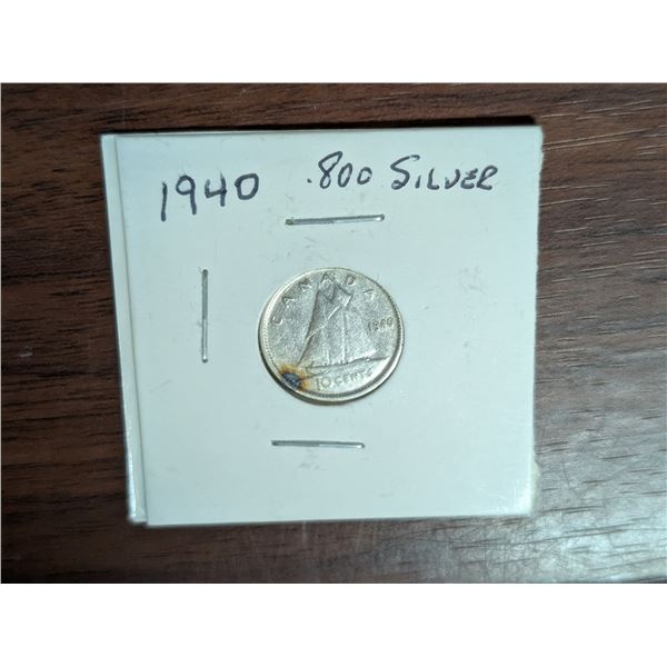 1940 Canadian 10 Cent Coin 800. Silver