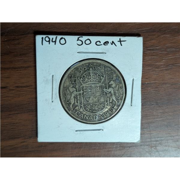 1940 Canadian 50 Cent Coin .800 Silver.200 Copper