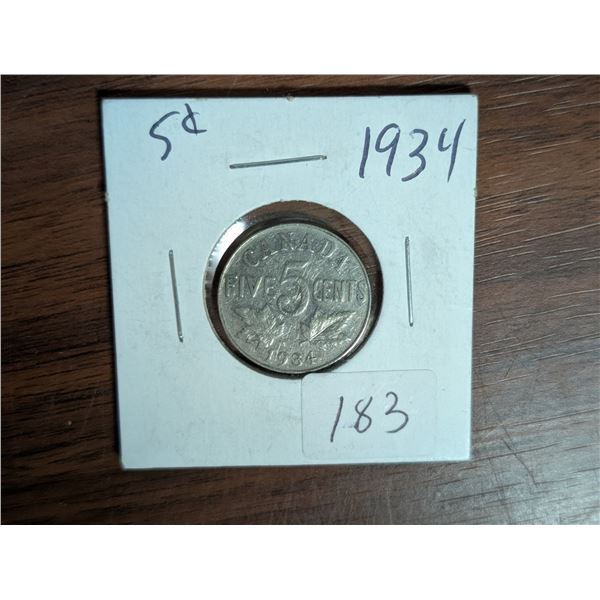 1934 Canadian 5 Cent Coin