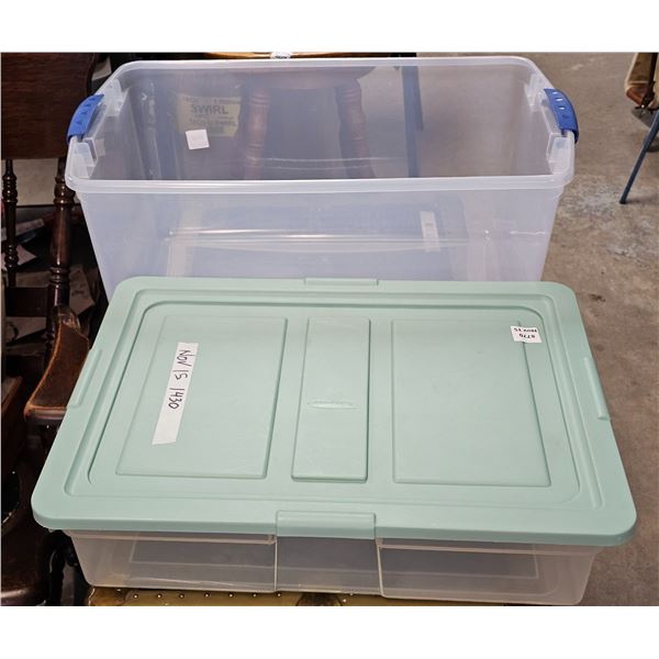 (2) Plastic Storage Bins.  15" x 21"  x 6" (includes lid).  15" x 26" x 11" (no lid)