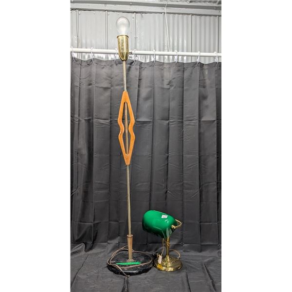 Brass Bankers Lamp and Vintage Wood Floor Lamp
