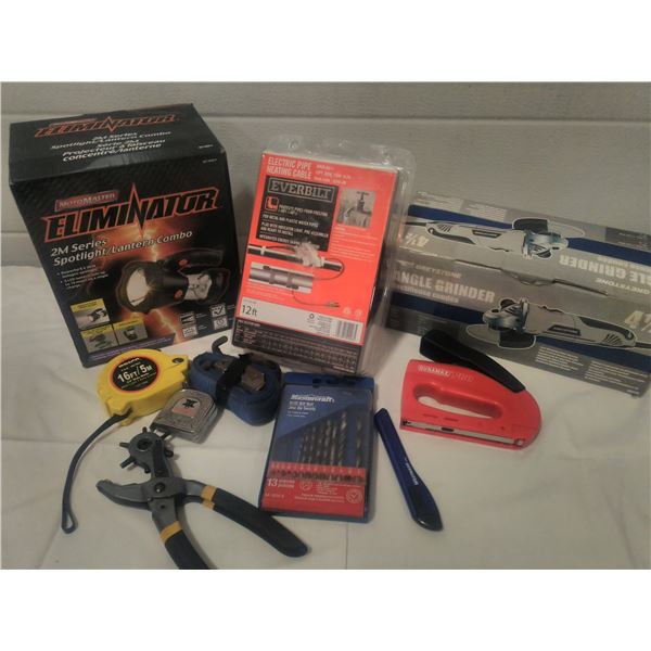 Lot small hand tools,flashlight,angle grinder,heat tape,untested.
