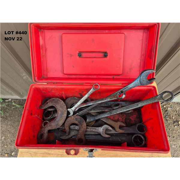 ASSORTED WRENCHES AND LOGGING HOOKS IN TOOLBOX.