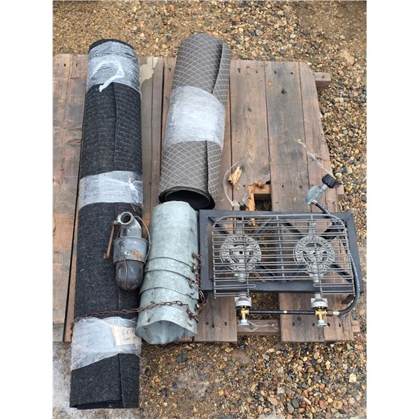 Pallet of misc- rugs, propane stove