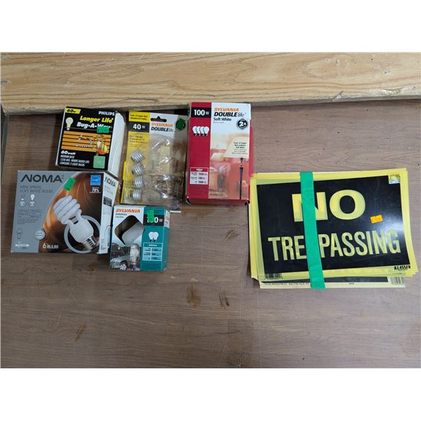Lot of "No Trespassing" Signs and Misc. light Bulbs as Shown