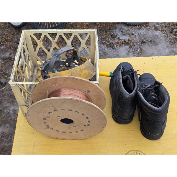 Lot of misc items- copper wire, boots