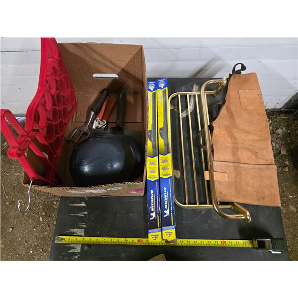 Lot of misc items, wipers, hard hat, spade, tool apron
